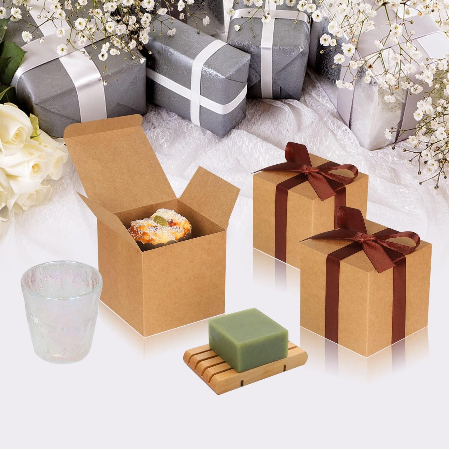 100 Pack Small Gift Boxes, 4x4x4 Inches Favor Boxes Brown Paper Gift Boxes with Lids for Presents, Crafting, Cupcake Boxes, Gifts, Candy Boxes for Wedding Party Bridal Shower Baby Shower Favors
