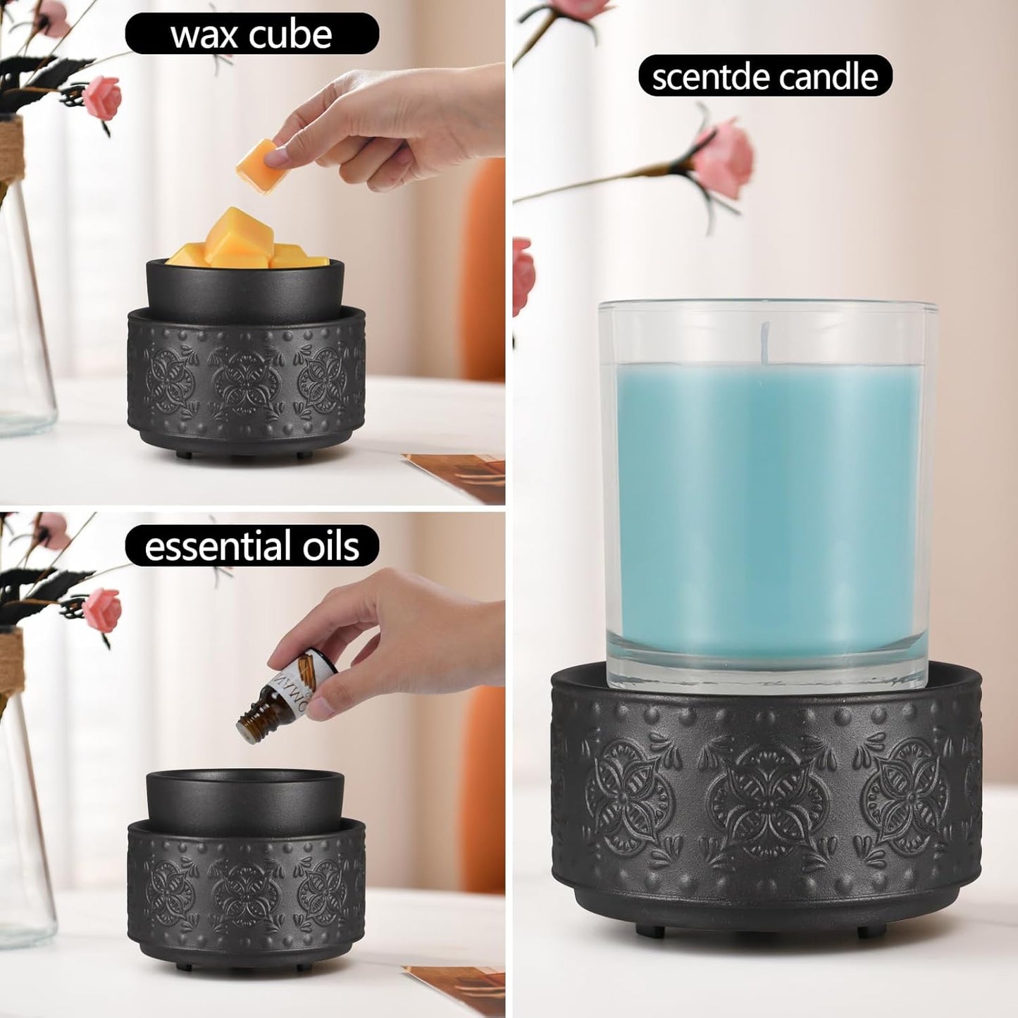 mocosa Ceramic Wax Warmer Wax Melt Warmer for Scented Wax 3-1 Electric Candle Warmer Home Fragrance Wax Burner as Gifts for Mom Grandma Women(Black-Granular)