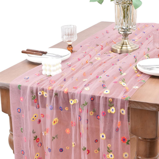 Joanlody Blushing Pink Embroidery Daisy Fall Thanksgiving Table Runner Florals Seasonal Tulle Table Runner Holiday Kitchen Dining Table Decoration for Home Party Indoor