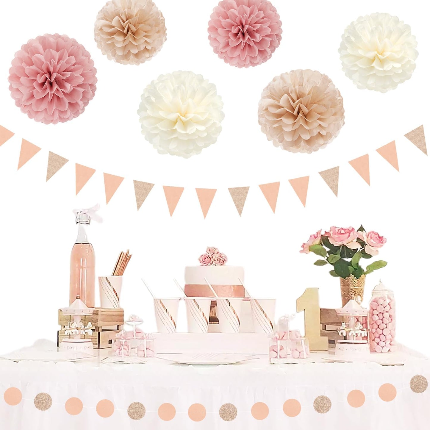 Pink Champagne-Peach Rose-Gold Boho Party Decorations - 23pcs Women Girls Birthday Tissue Pom Poms Streamers,Baby Bridal Shower Tassel Garland Banner,Rustic Wedding Graduation Decor Backdrop Ouruola