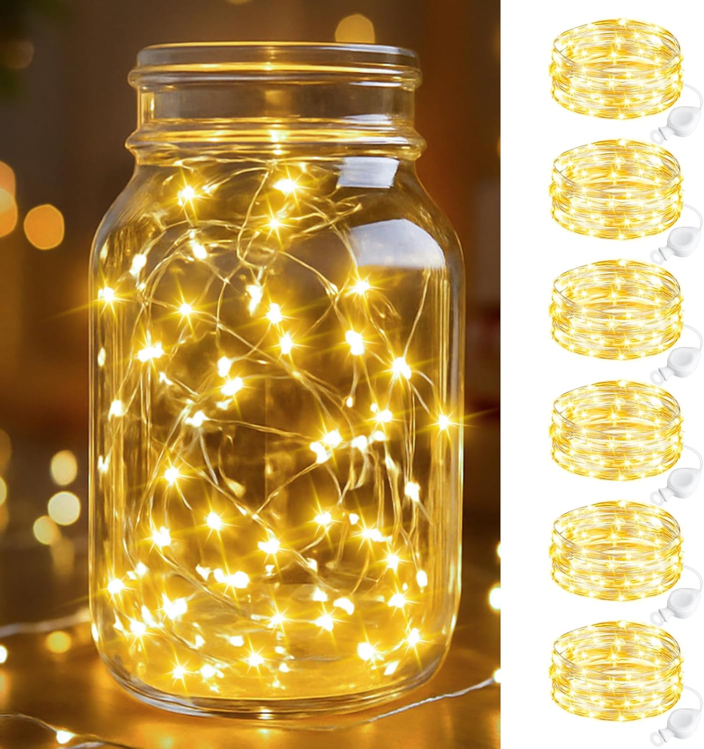 btfarm 6 Pack Fairy Lights Battery Operated, 7FT 20 LED Mini String Lights Waterproof Silver Wire for Mason Jars Centerpiece Table Crafts Bedroom Christmas Decoration, Warm White