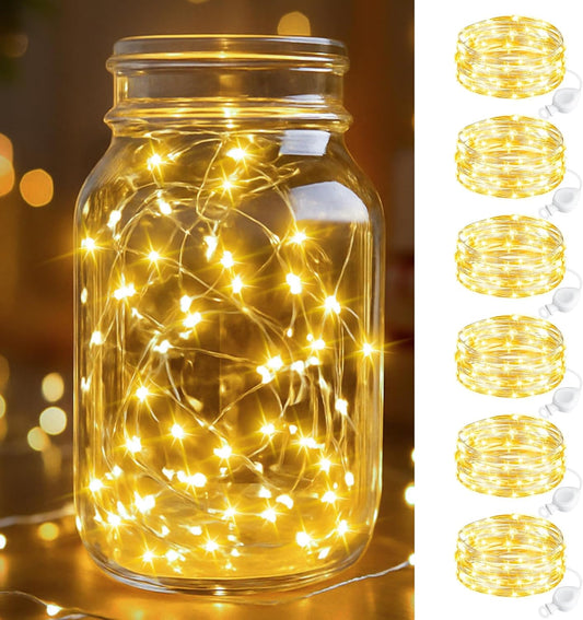btfarm 6 Pack Fairy Lights Battery Operated, 7FT 20 LED Mini String Lights Waterproof Silver Wire for Mason Jars Centerpiece Table Crafts Bedroom Christmas Decoration, Warm White
