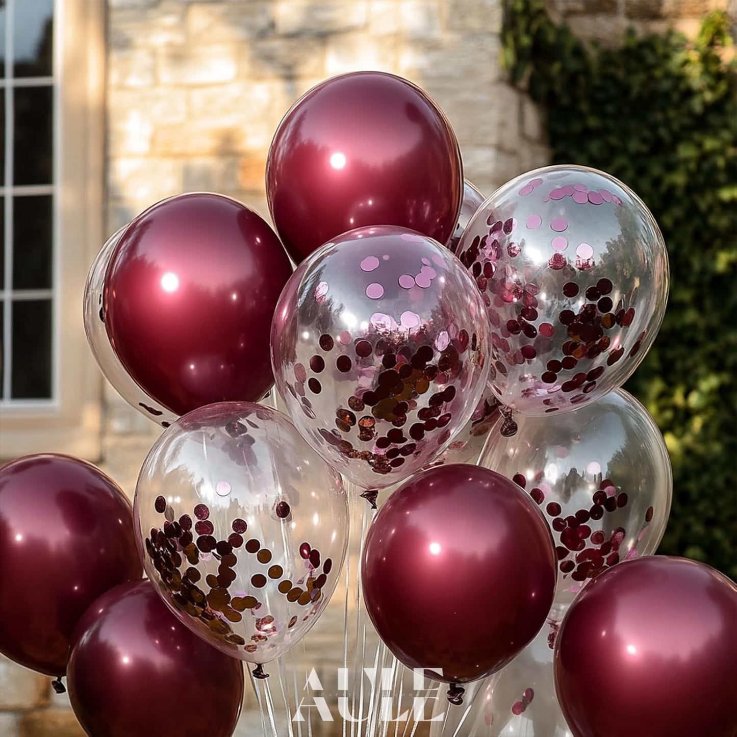 AULE Party Balloons Pack of 42 - Metallic Burgundy Balloons and Confetti Latex Helium Balloons With 64ft Ribbons - 12 Inch Mroon Chrome Balloon Decoration Set