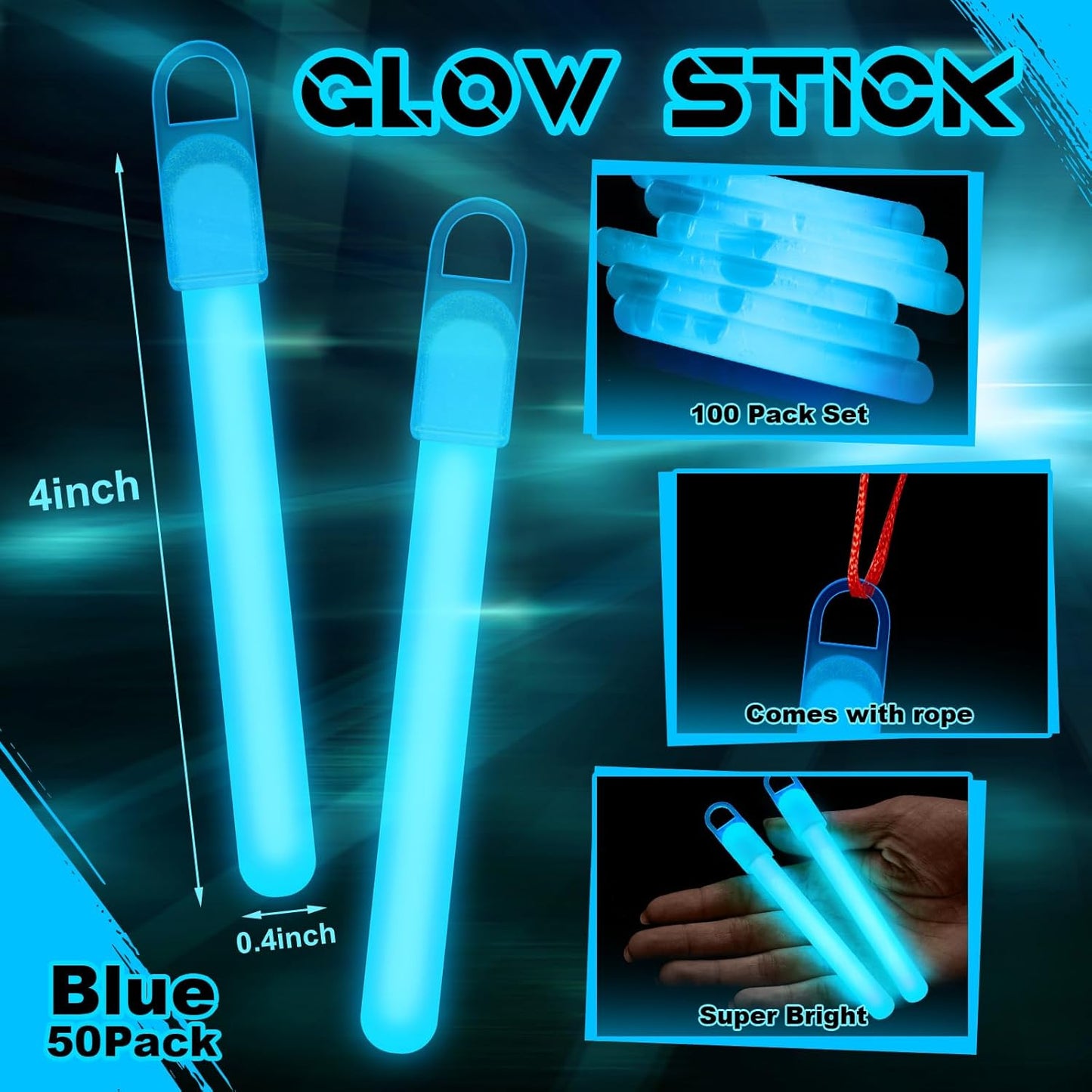 Lewtemi 50 Set 4'' Glow Sticks Bulk, Hallowee Glow in The Dark Party Supplies, Emergency Light Sticks with Lanyard, for Birthday, Light up, Neon, Halloween Theme Party Favors