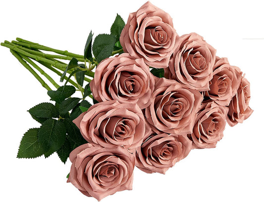 Artificial Rose 10pcs Open Flower Bouquet Faux Rose Stems for Wedding Arrangement, Bridal Bouquet, Centerpiece, Fake Faux Silk Flowers (Dusty Rose)