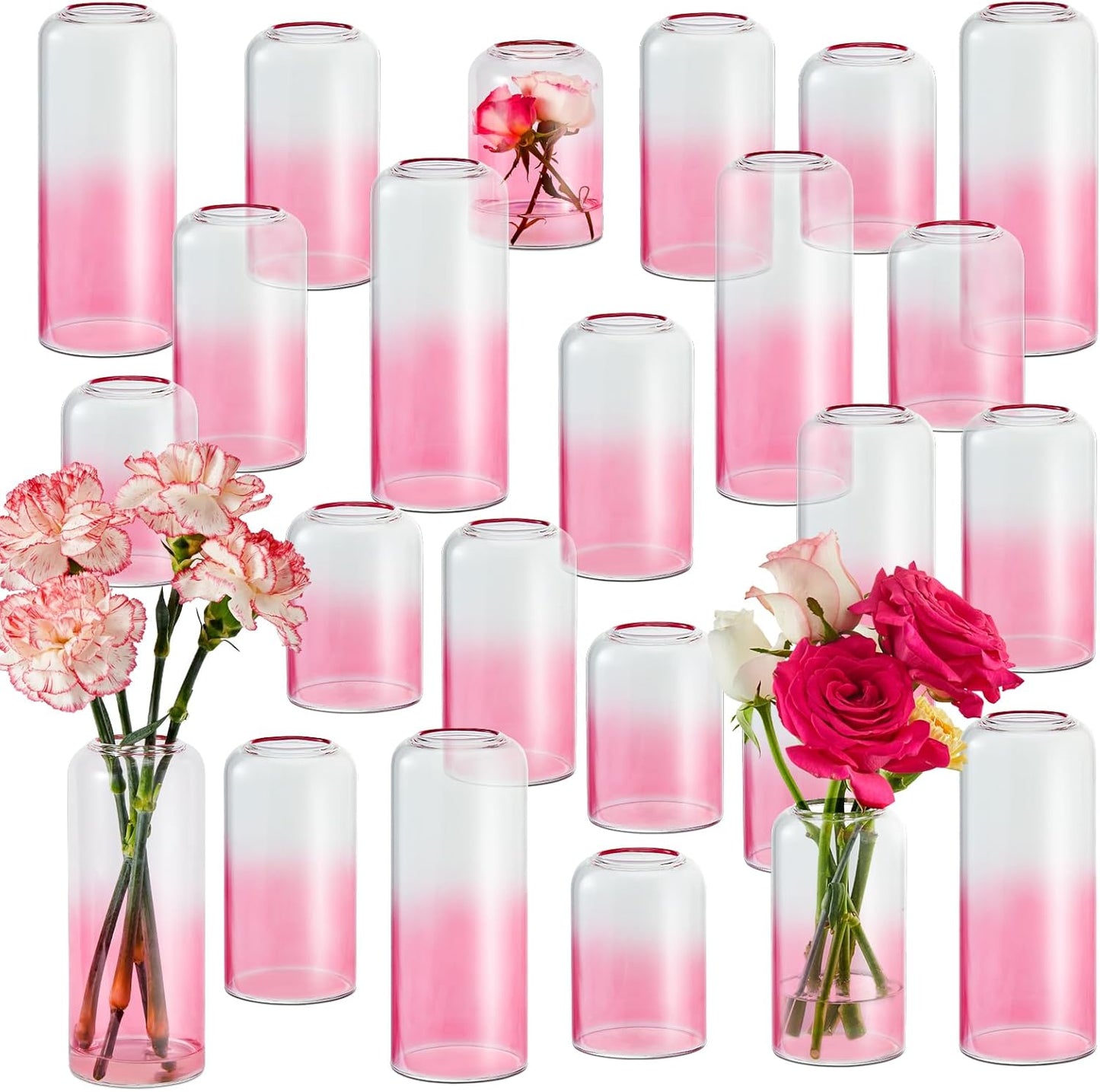 24Pcs Pink Bud Vases, Glass Flower Vase for Centerpieces, Small Vases for Flowers, Decor Centerpiece for Bathroom, Decorative Vases for House Warming