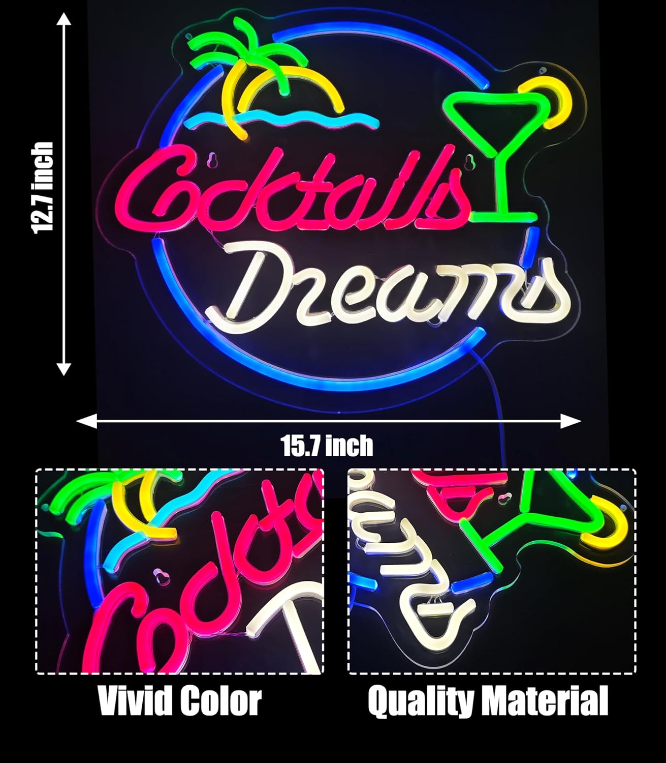 Cocktails Dreams Neon Sign Led Wall Decor Man Cave Neon Light Up Signs Wall Art for Bar Home Room Bedroom USB Powered 15.7"x12.7"