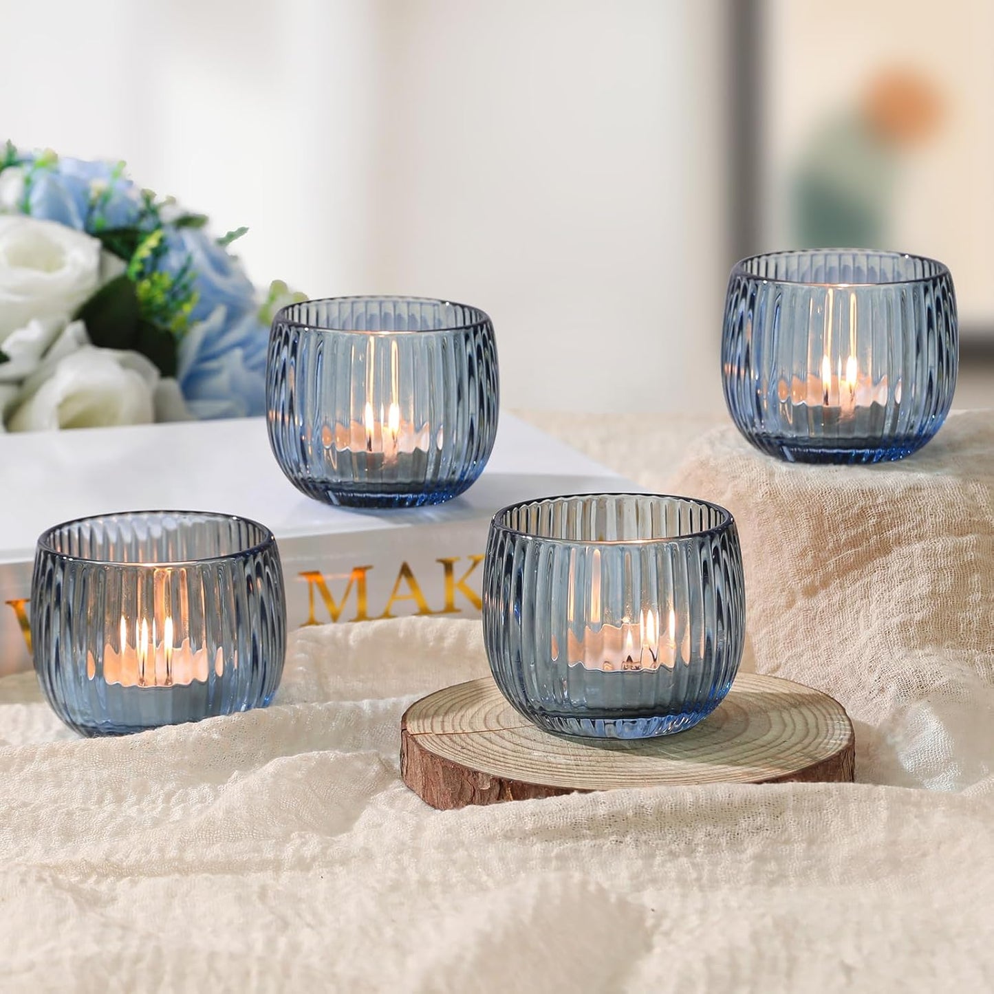 Set of 6 Ribbed Glass Votive Candle Holders, Blue Glass Tealight Holders for Taper Candles - Elegant Table Centerpieces for Weddings, Christmas, Parties, and Home Decor