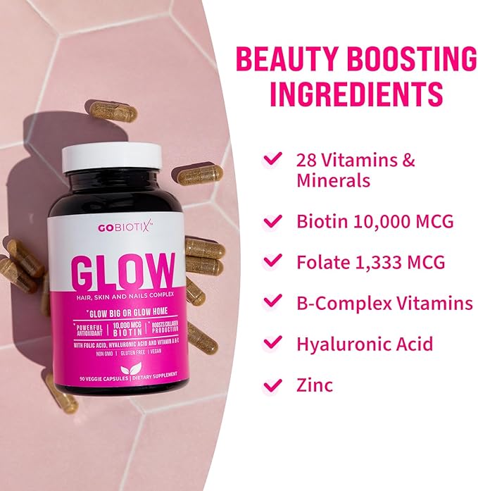 GOBIOTIX Hair Skin and Nails Vitamin Supplement - 10000mcg Biotin Pills with Hyaluronic Acid, Folate, Iron, Magnesium, and Zinc - Collagen Production, Hair Growth - 30 Servings