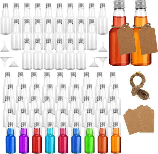 100 Pack 2oz Mini Liquor Bottles Bulk, Plastic Champagne Wine Bottles with Caps, Small Alcohol Shot Bottles with Funnels, Kraft Tags and Rope for Party Favors Wedding (Sliver Caps)