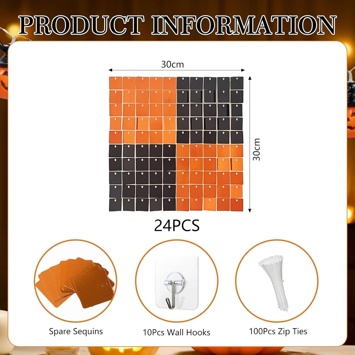 24PCS Black Orange Shimmer Wall Backdrop, Halloween Square Sequin Photo Backdrops Panel, Glitter Wall Background for Halloween, Birthdays, Weddings, Christmas, Engagements, Party Decor (4FTx6FT)