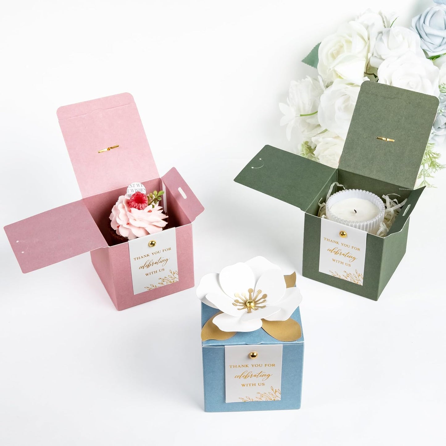 FEIYI 20 PCS Gift Boxes, 3 In 1 Olive Green Favor Boxes with Floral Decor, White Thank You Tags Cupcake Containers Gift wrapping for Wedding, Baby Shower, Birthday, Decorations Party - 3.55x3.55x3.55