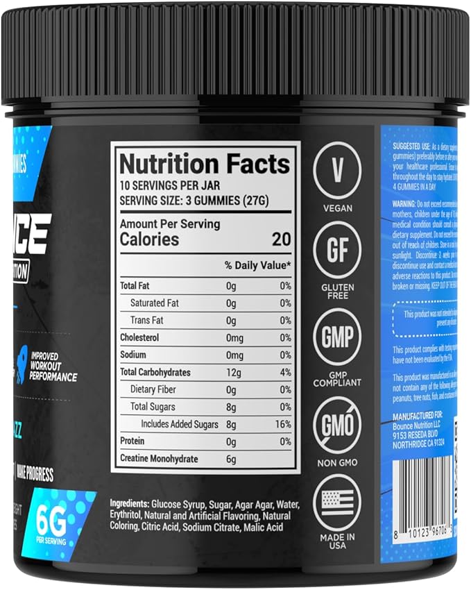 Bounce Pro Creatine Monohydrate Gummies for Men & Women, Low Calorie, 6G of Creatine per Serving, Vegan, Anti-Melting, Gluten-Free, Non-GMO, 2g of Creatine per Gummy (30ct, Blue Razz)