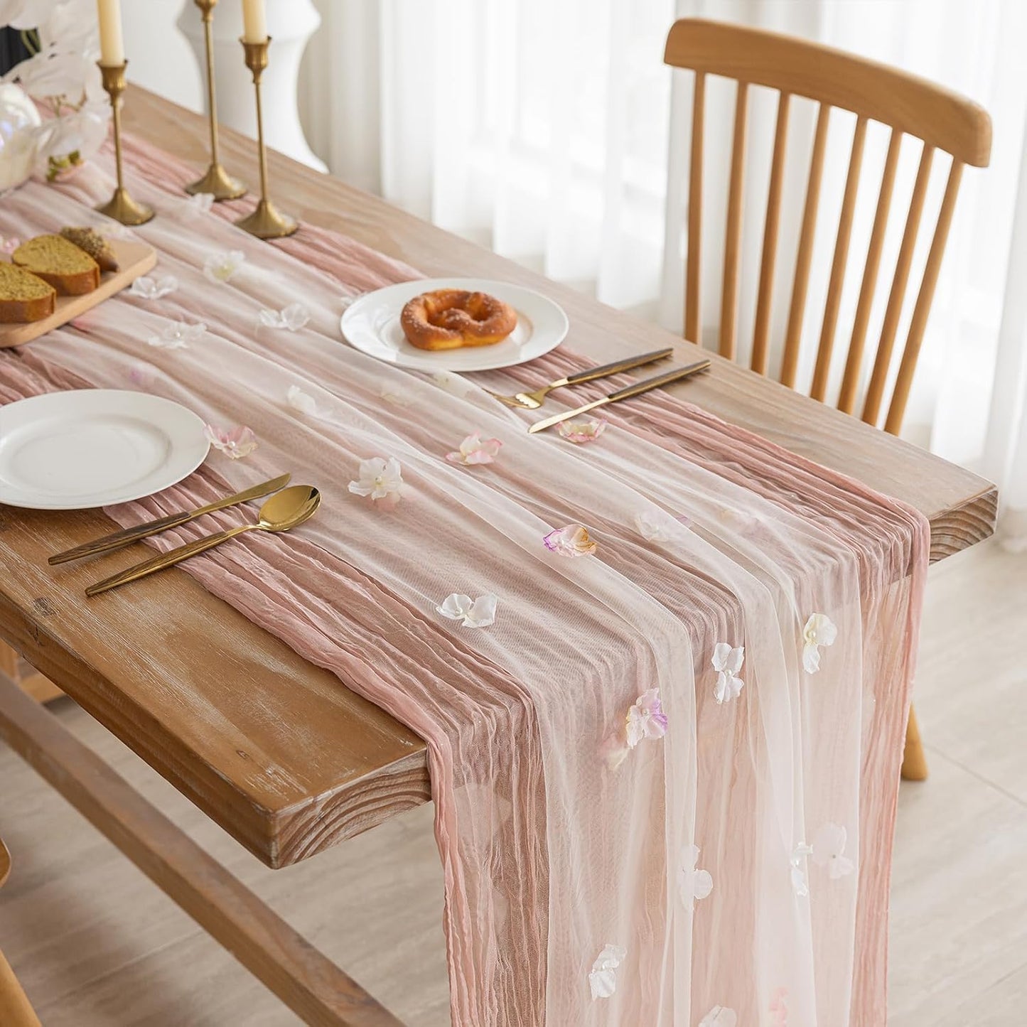 Romantic Artificial Floral Table Runner 10ft Gauze Tulle Lace Table Runner Set for Wedding Baby Shower Bridal Shower Holiday Kitchen Dining Table Decoration for Home Party Special Occasion