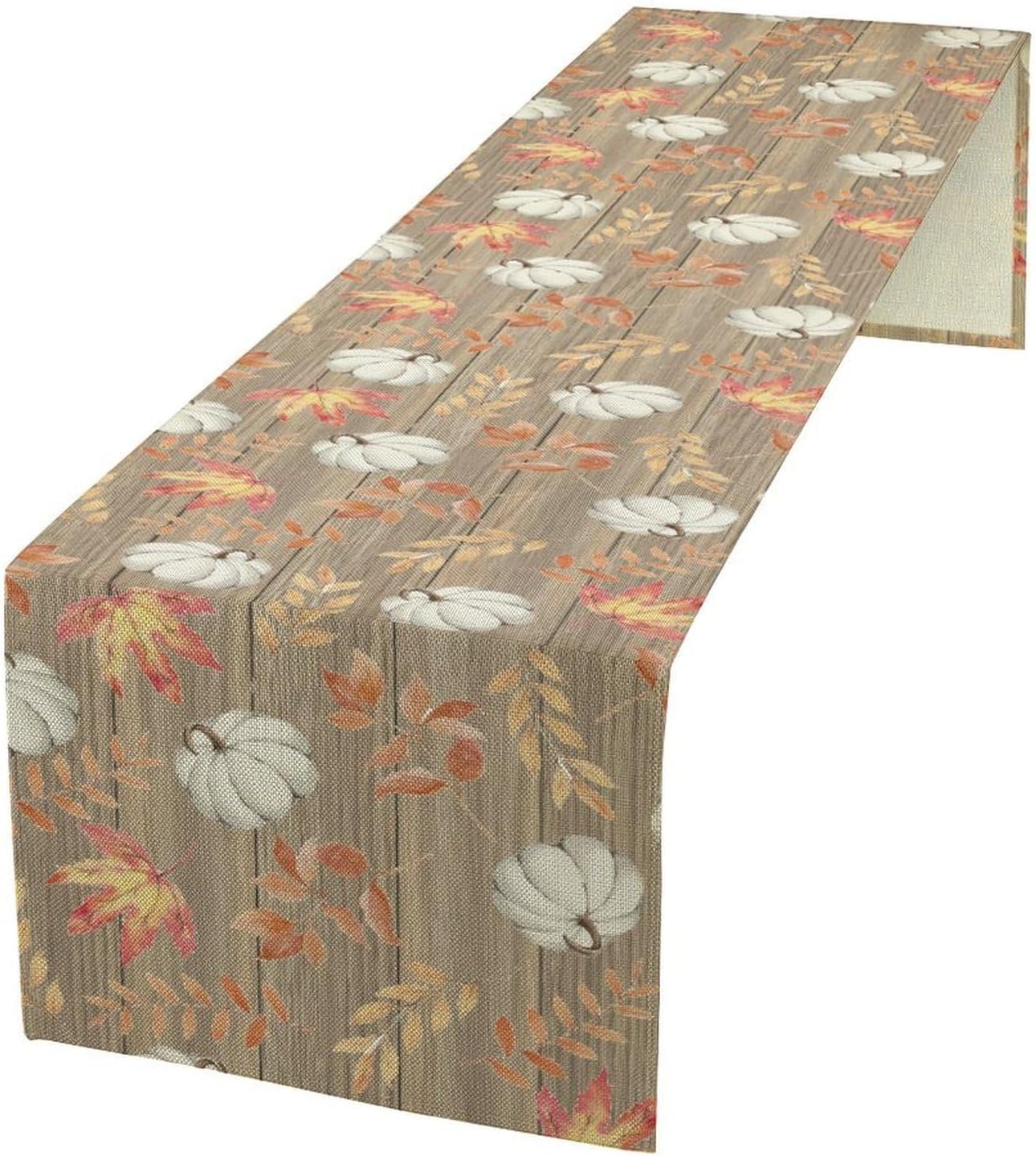 Autumn Table Runner,Pumpkins Maple Leaves Wood Fall r Seasonal Table Runner Kitchen Dining Table Decoration for Home Party Decor 13x70 Inch