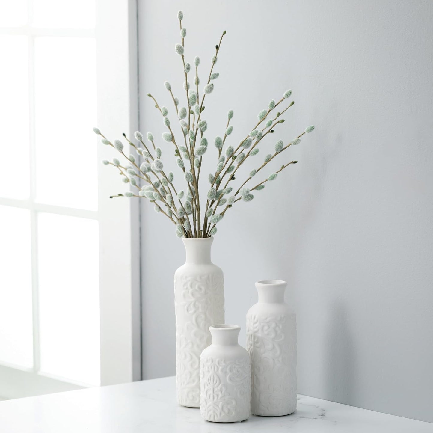 Sullivans Small White Embossed Ceramic Vase Set of 3, Matte Finish, Vases for Decor Modern Home Centerpieces, Mantle Tabletop for Living Room, Bedroom, Kitchen, Entryway Decor