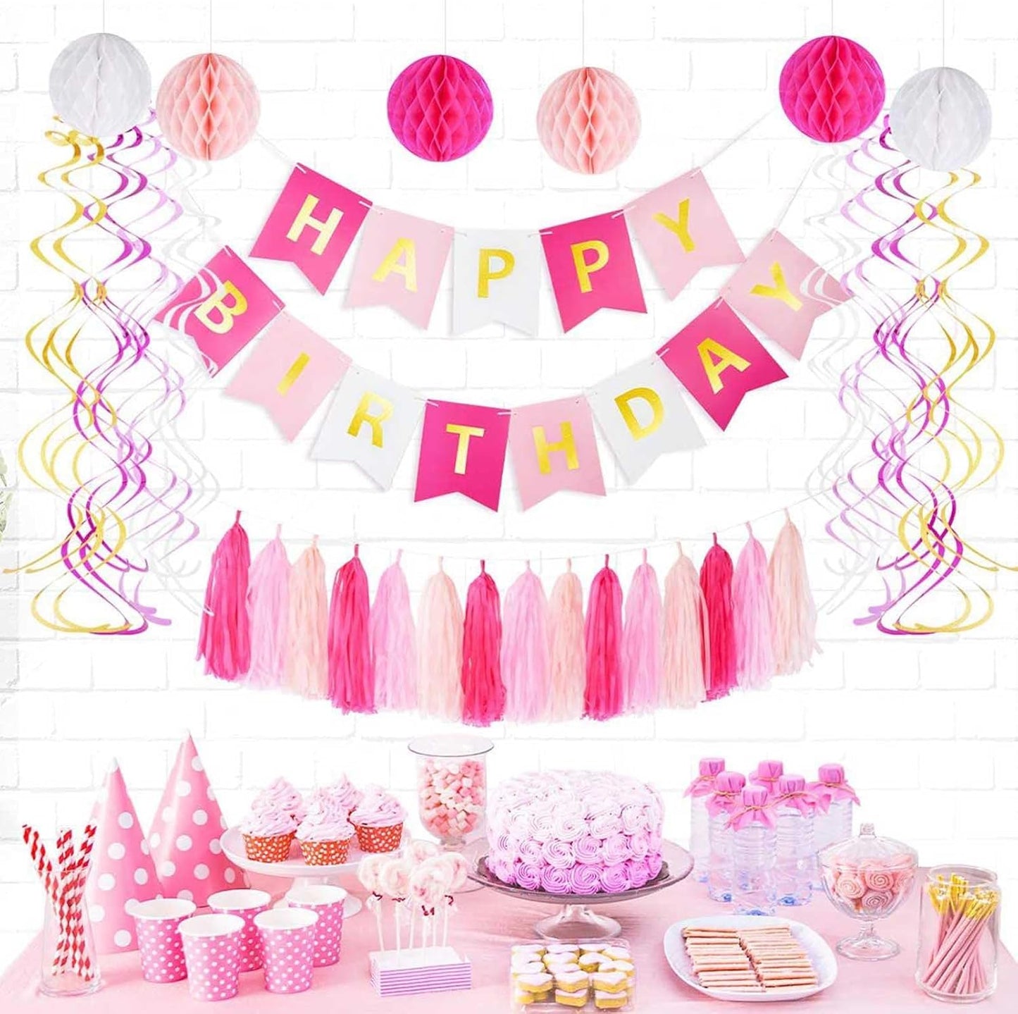 GAKA Hot Pink Light Pink Tissue Paper Tassels Garland Tassel Banner for Party Decorations,15 PC