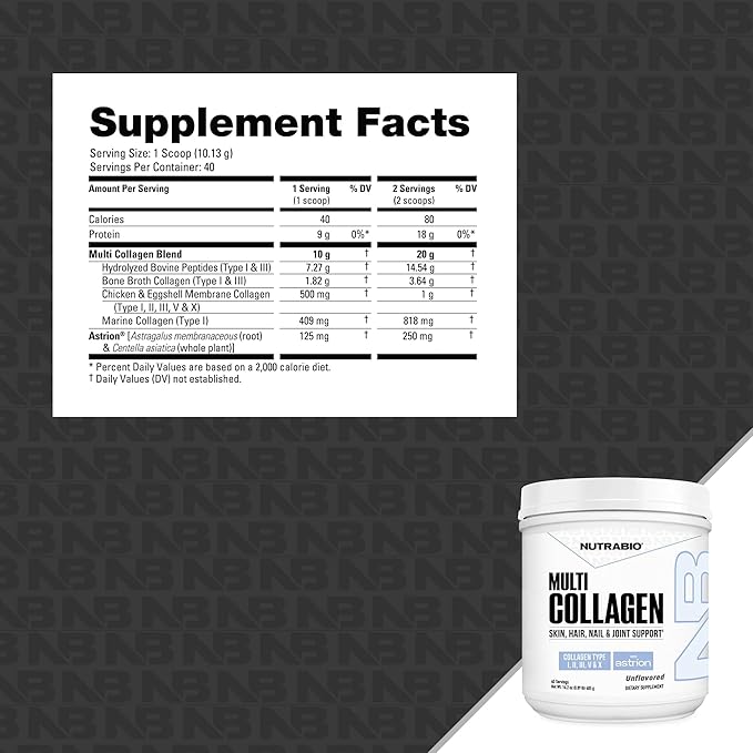 NutraBio Multi Collagen Powder- Hydrolyzed Collagen Peptides for Glowing Hair & Skin- Grass-Fed- Collagen Powder for Women and Men- 40 Servings