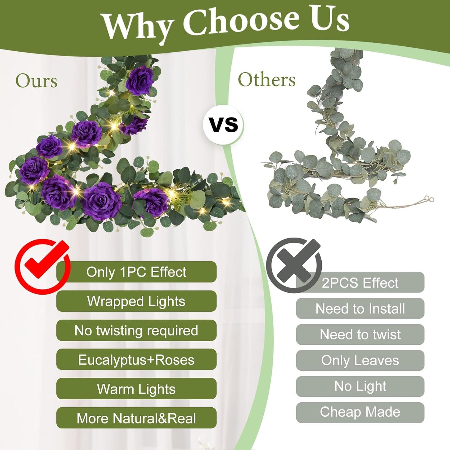 MACTING 6.6FT Flower Garland with Lights - Spring Gypsophila Eucalyptus Garland with 12 Purple Roses Artificial Floral Greenery Vine for Arch Table Centerpieces Backdrop Party Home Wedding Decor