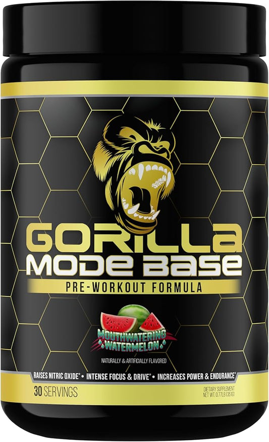 Gorilla Mind Base Pre Workout - Raises Nitric Oxide Intense Focus & Drive Endurance Power - L-Citrulline, L-Tyrosine, Betaine, Alpha-GPC, Caffeine, Huperzine A - 360 Grams (Watermelon)