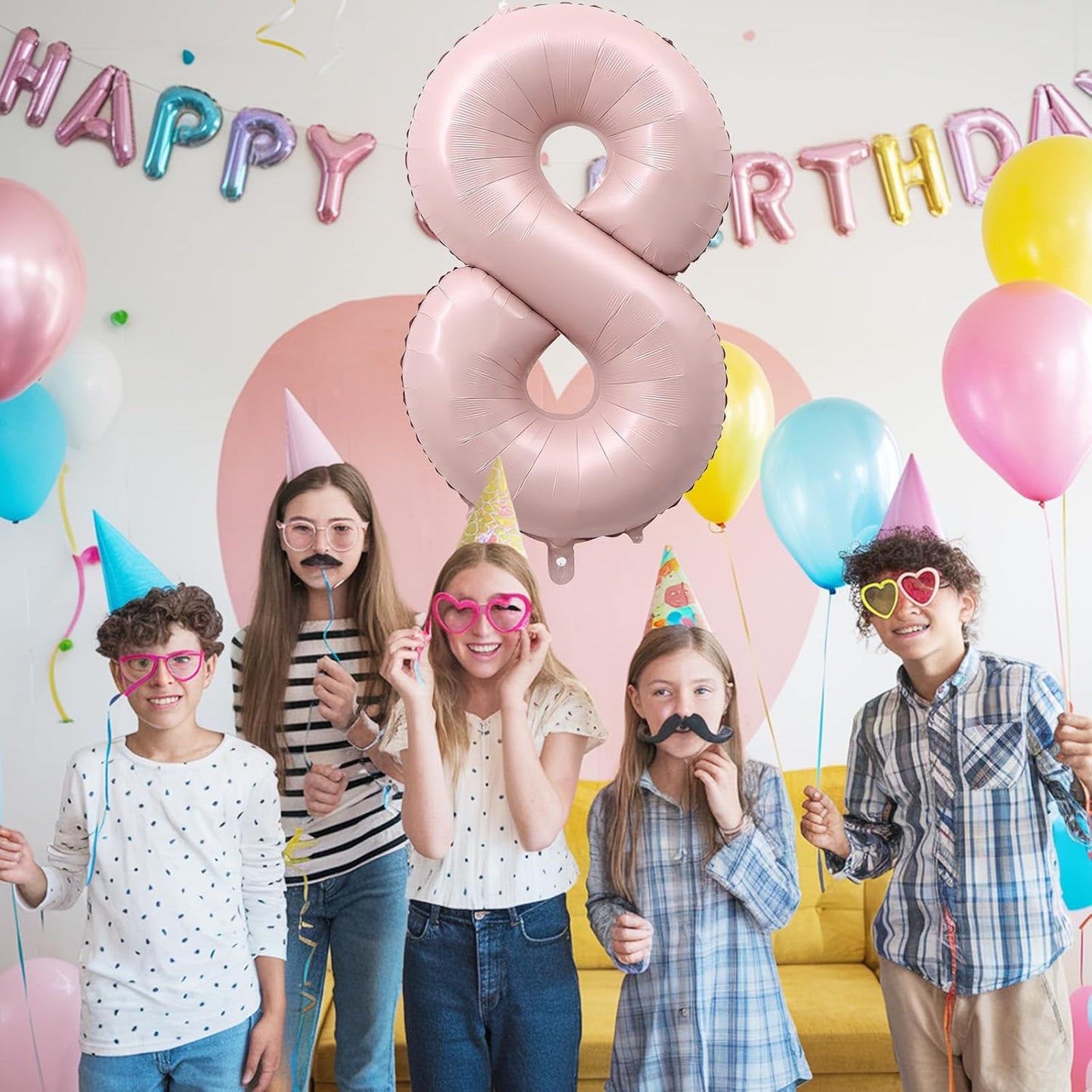 Pastel Pink 8 Balloons, 40" Giant Helium Foil Number Balloon 0-9 Blush Pink Number Balloon 8 for Girls, Self Inflating Digit 8 Balloons for 8th Birthday Women Anniversary Princess Party Decorations