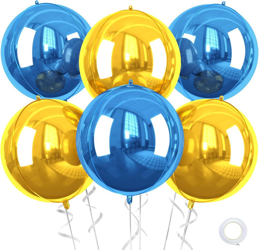 Blue Gold Giant 4D Foil Balloons, 6 Pcs Large Metallic Blue and Gold Round Balloons, 22 Inch Big Round Foil Balloon for Graduation Prom Birthday Party Baby Shower Decorations