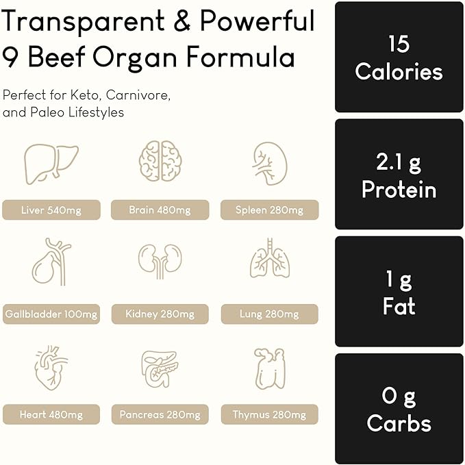 Beef Organ Supplement, Grass Fed Beef Organs for Men & Women, 9 Organ Complex - Liver, Brain, Thymus, Lung, Gallbladder
