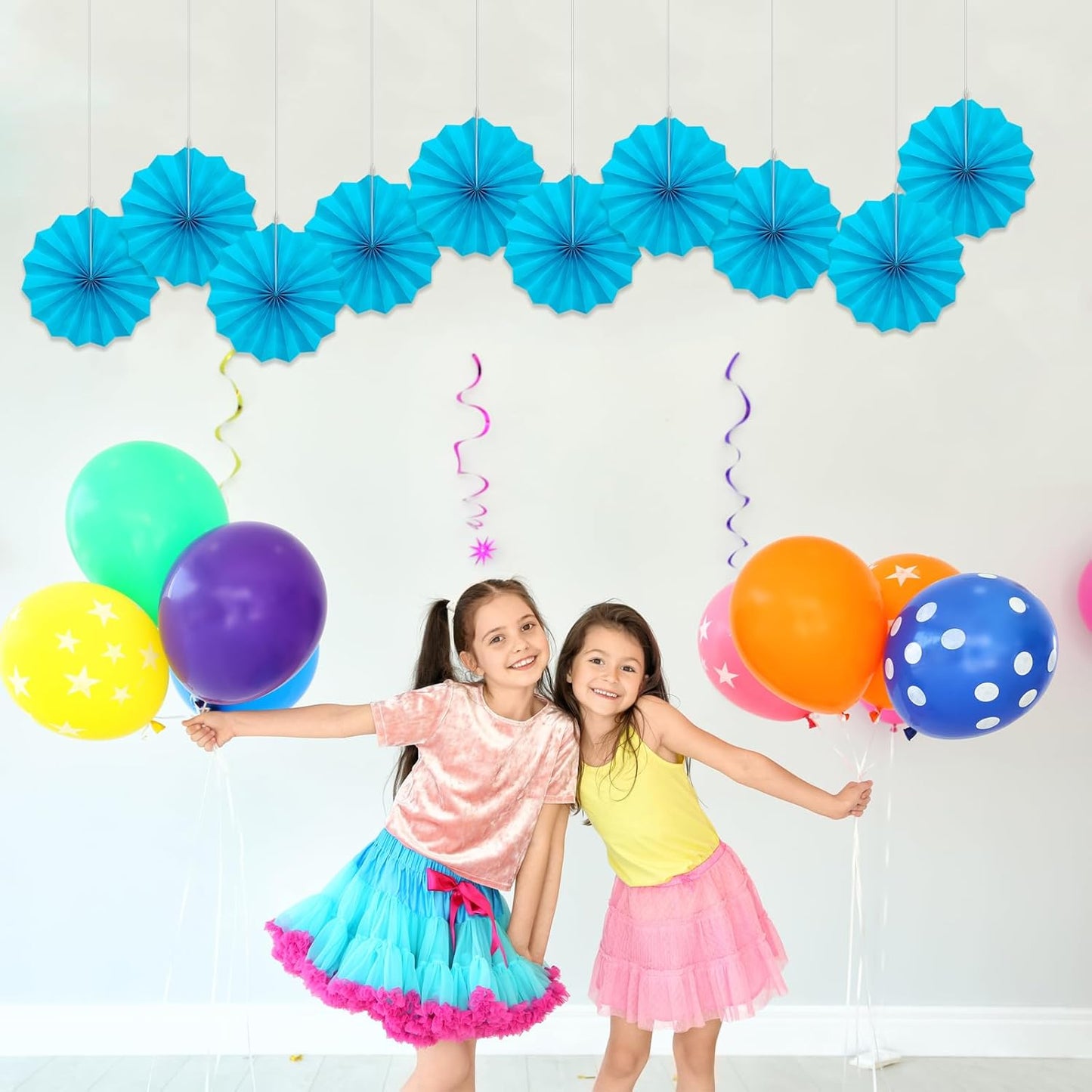 BARTHEW Blue Hanging Paper Fans,Blueaccessories Paper Decorations for Party,Blue Harmony Classroom Decorations,Party Decorations for Boys 8in Hanging Paper Fans 30 Color DIY Set (Sky Blue)