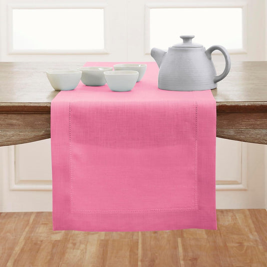 Solino Home Linen Flamingo Pink Table Runner 132 Inches Long - 100% Pure Linen Extra Long Table Runner 14 x 132 Inch for Halloween - Classic Hemstitch