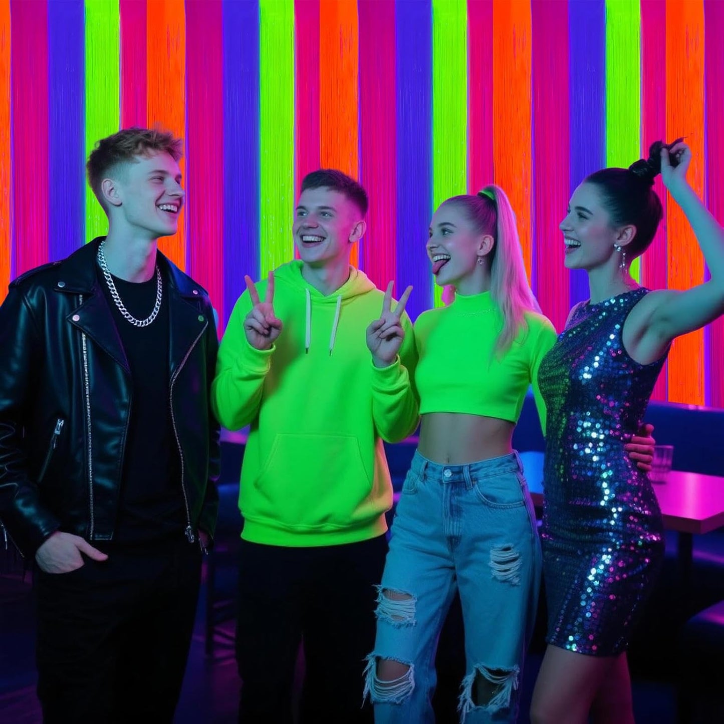 CANREVEL Glow in The Dark Party Supplies, 2 Pack 3.3x6.6 Feet Fluorescent Macaron Rainbow Foil Fringe Backdrop Curtains, Tinsel Streamers for Birthday Party Blacklight Decorations