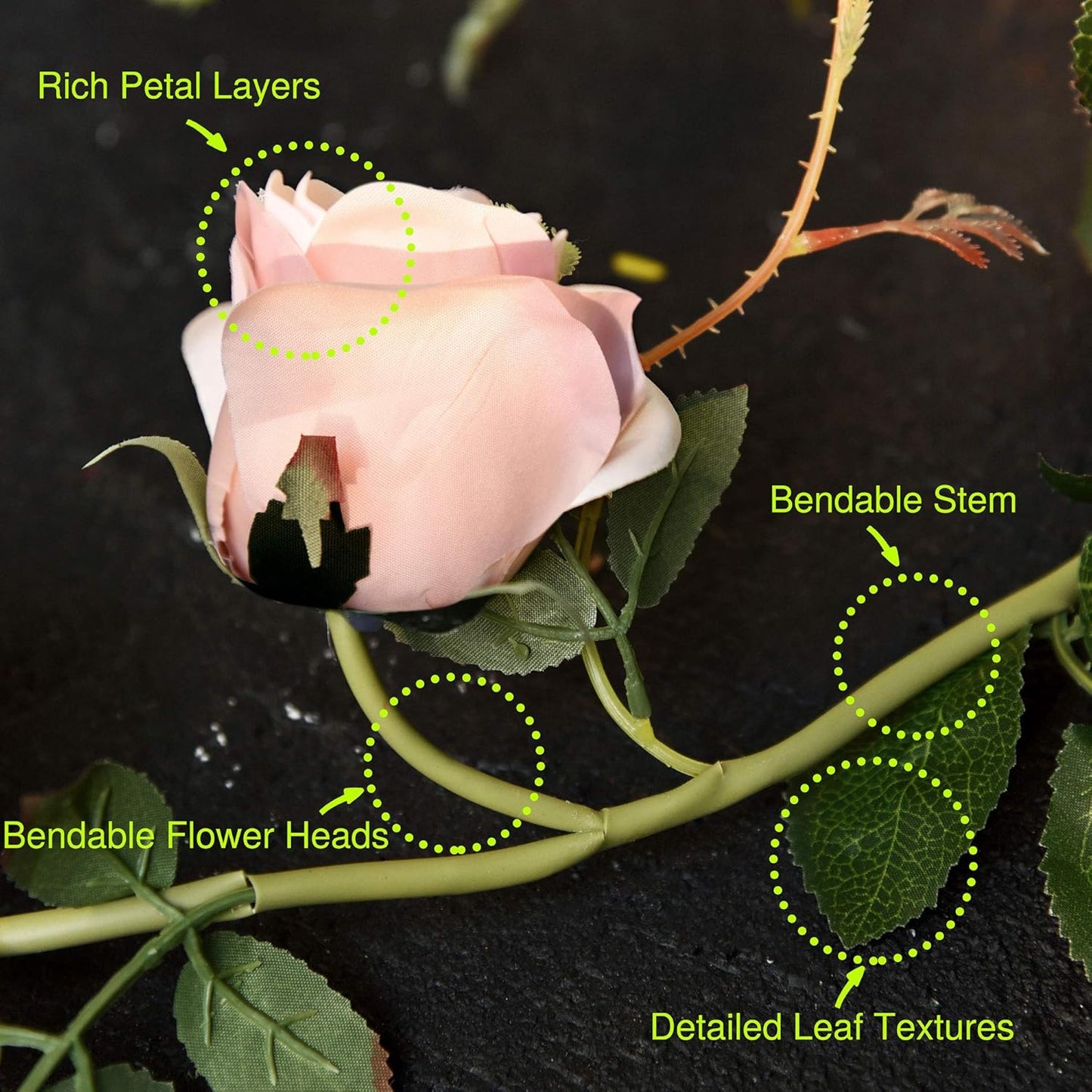 FiveSeasonStuff Dreamy Pink Artificial Silk Roses Flower Garland, Bendable Hanging Vines (2pcs, 11ft)