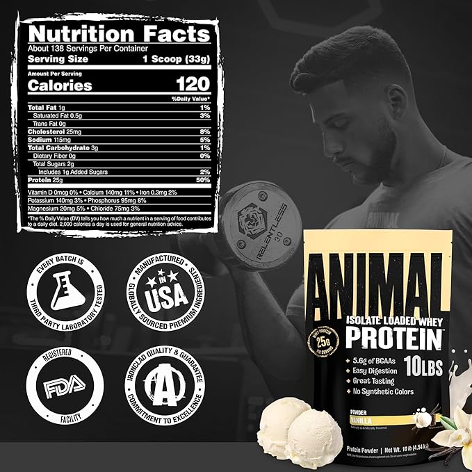 Animal Whey Isolate Protein Powder - Loaded for Pre & Post Workout Muscle Builder and Recovery with Digestive Enzymes for Men & Women - 25g Protein, Great Taste, Low Sugar - Vanilla 10 lbs