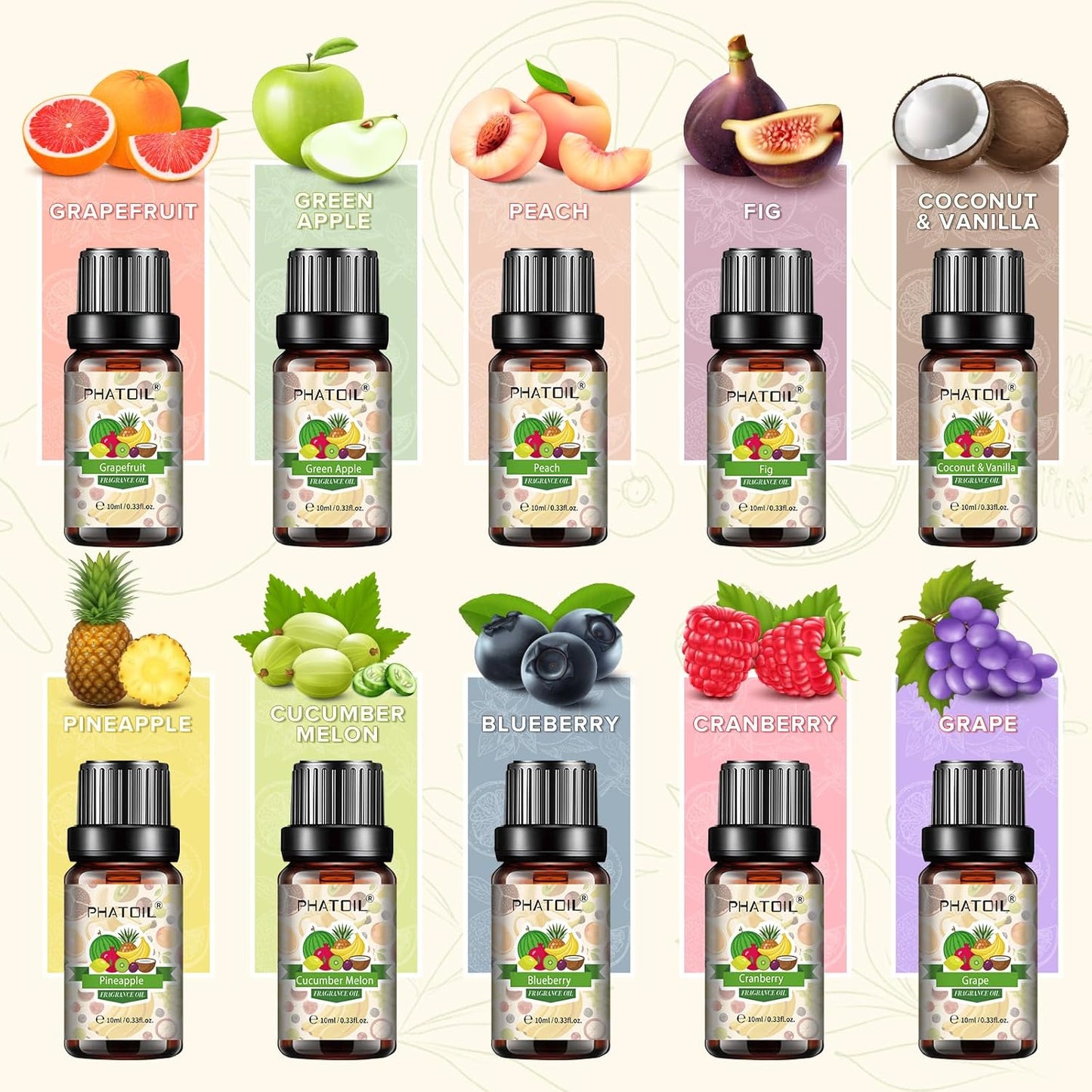 PHATOIL Coconut & Vanilla Fragrance Oils Set, 10 Pcs Aromatherapy Oils Set, for Diffusers, Home Care, DIY Soap Candle Making Scents, Fragrance, Aromatherapy, Humidifiers, for Friend (10ml)