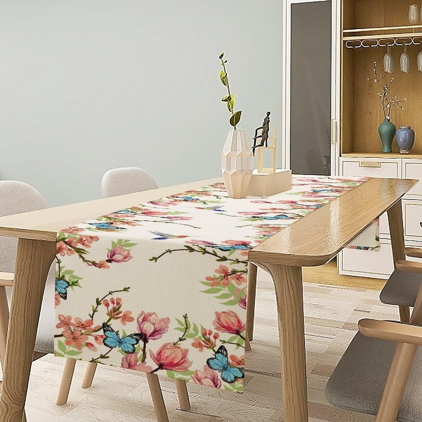 Floral Butterfly Table Runner Seasonal Spring Flower Bird Table Decoration Table Runner for Home Party Decoration 13x90 Inch