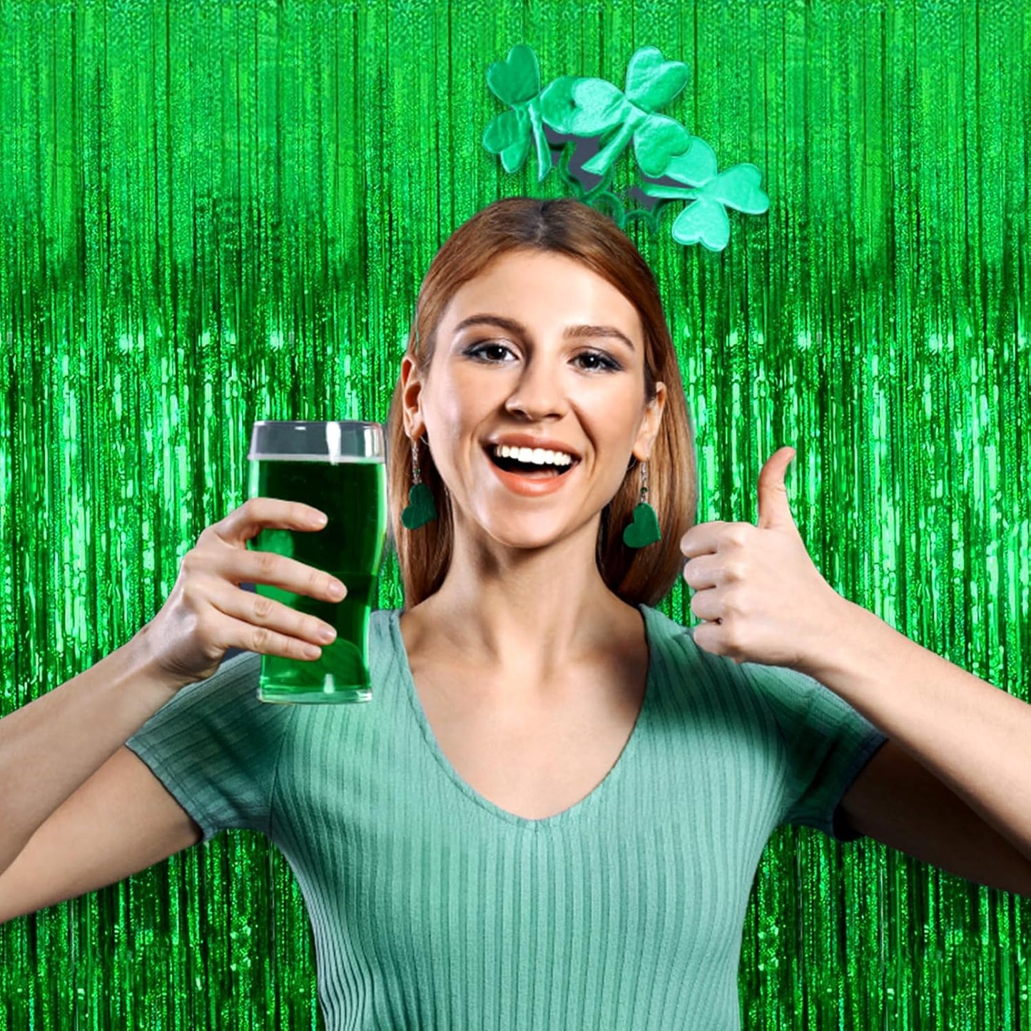 3 Pack Green Foil Fringe Curtain Backdrop, 3.28Ft x 8.2Ft Metallic Tinsel Foil Fringe Streamer Curtains for Photo Booth, Mother's Day, Easter, Birthday, Wedding Party Decorations