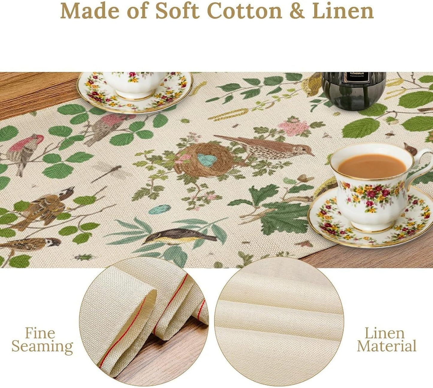 Vintage Bird Flower Table Runner Seasonal Spring Summer Garden Plants Farmhouse Country Kitchen Dining Table Decoration for Home Party Holiday 13"x108"