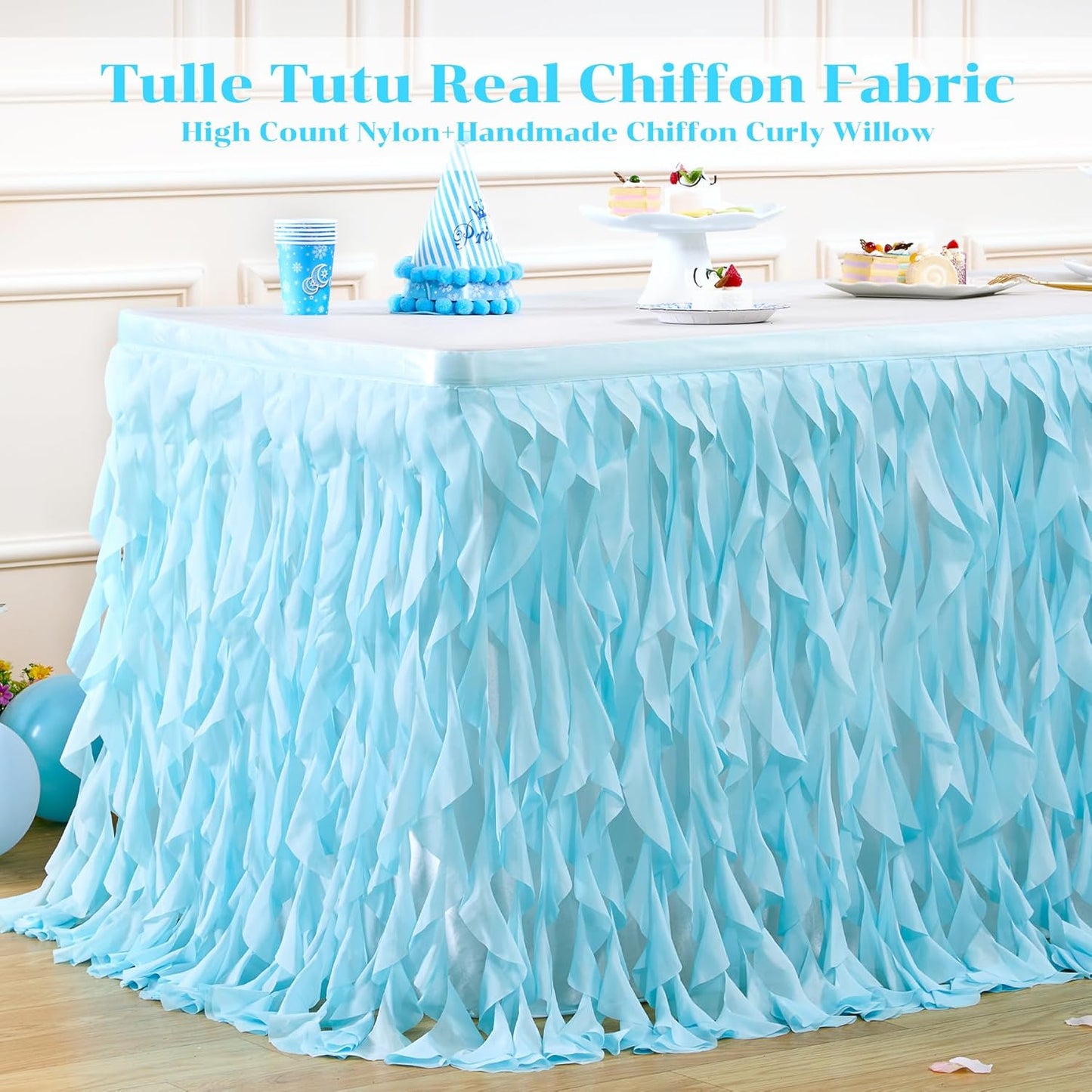 Partisky Aqua Blue Tulle Curly Willow Table Skirt for Rectangle Table 14ft, Ruffle Tutu Table Cloth for Boys Baby Shower,Birthday Party Candy Cake Tables