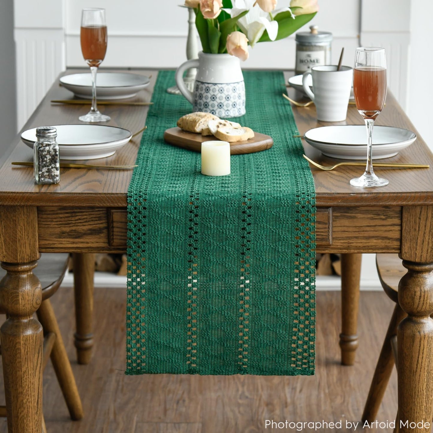 Artoid Mode Dark Green Farmhouse Woven Rustic Hollow Table Runner, Seasonal Holiday Hollow Kitchen Dining Table Decoration for Home Party Decor 12x108 Inch