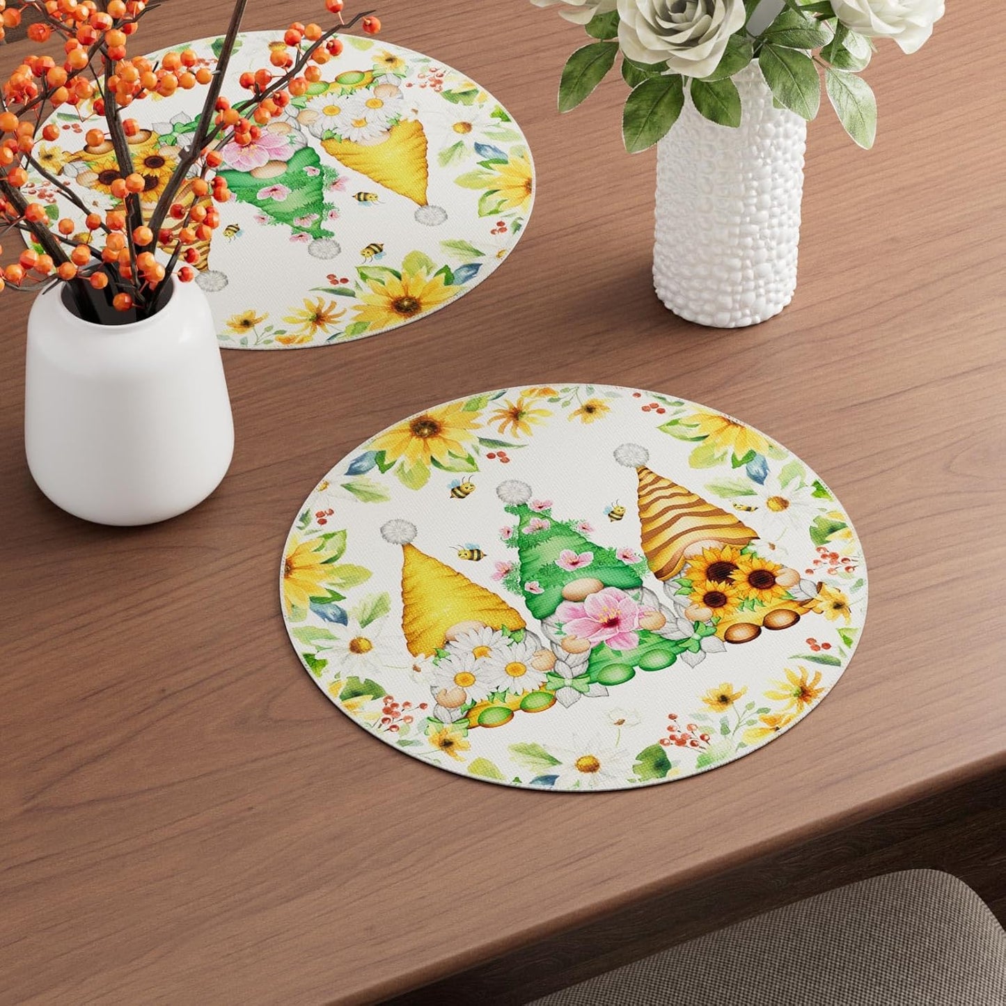 XCHI Daisies Flowers Gnomes Spring Round Placemats Set of 4 Table Mats Summer Seasonal Table Decorations 14x14 Inch