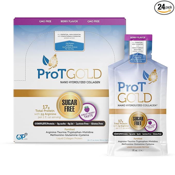 Liquid Collagen Protein Shot, 17g Clear Protein Nano-Hydrolyzed Grass Fed Collagen, 2g Arginine for Wound Support, Gluten Free, Sugar Free, 0g Carbs, Non GMO, Berry, 1 fl oz, 24 Pack