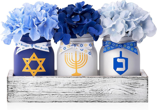 Hanukkah Decorations for Home, Chanukah Table Decor with Mason Jars, Hydrangea, Wood Tray, Hanukkah Gifts Table Centerpieces, 25 Pcs Chanukah Decorations Indoor for Living Room Bedroom