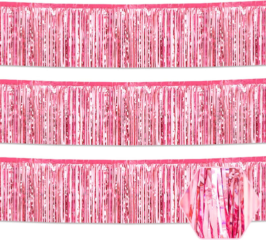 3 Pack 10 Feet Pink Foil Fringe Garland Metallic Tinsel Streamers Banner Wall Hanging Curtain Backdrop for Parade Floats, Christmas Day, Valentine's Day, Thanksgiving, Birthday Party Decorations