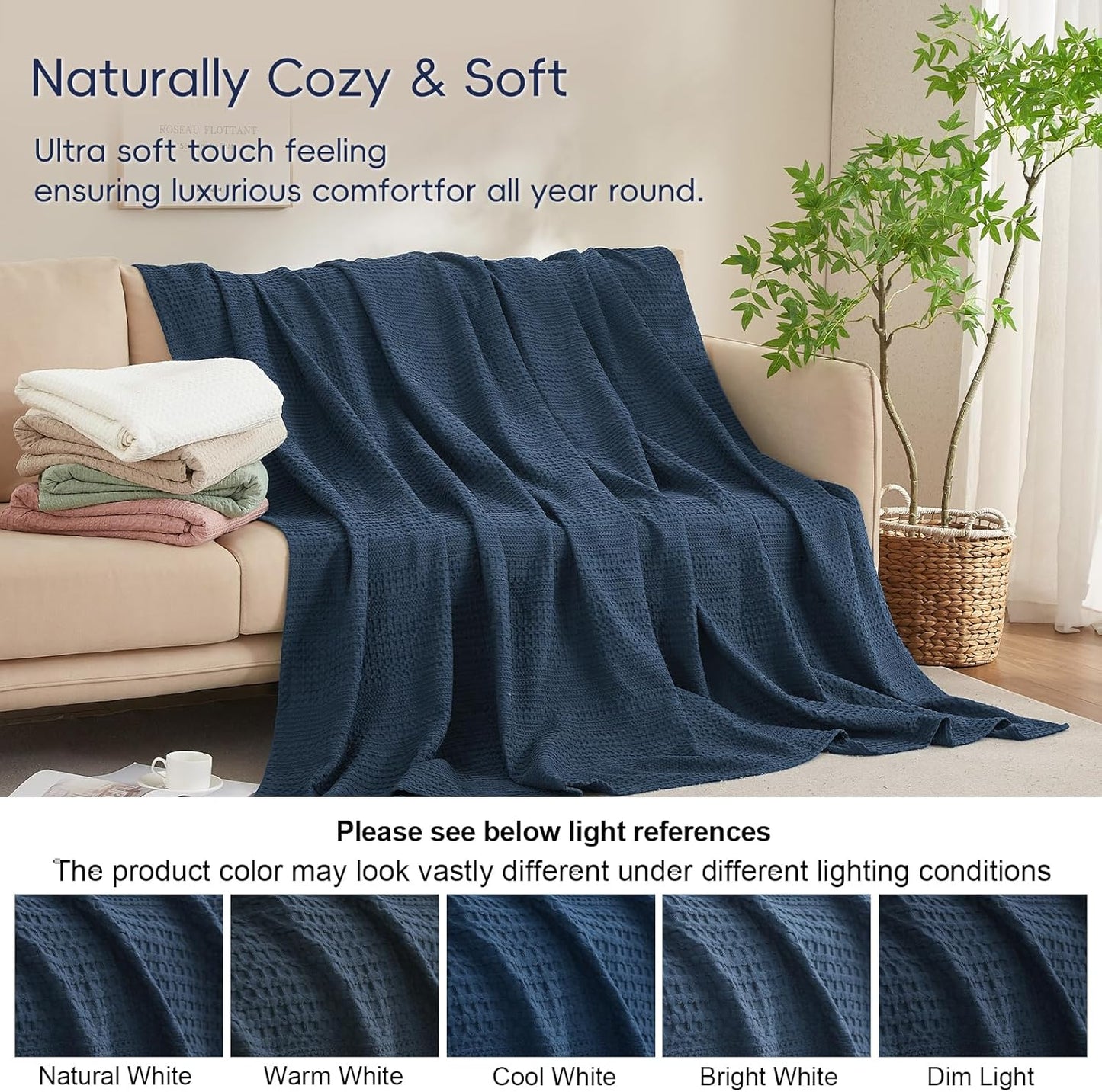 PHF Lightweight Waffle Weave Blanket Twin Size, Breathable & Ultra Soft, 66"x 90" Soft & Cozy Thin Blanket for All Season & Hot Sleepers, Bed, Home Decor - Navy Blue