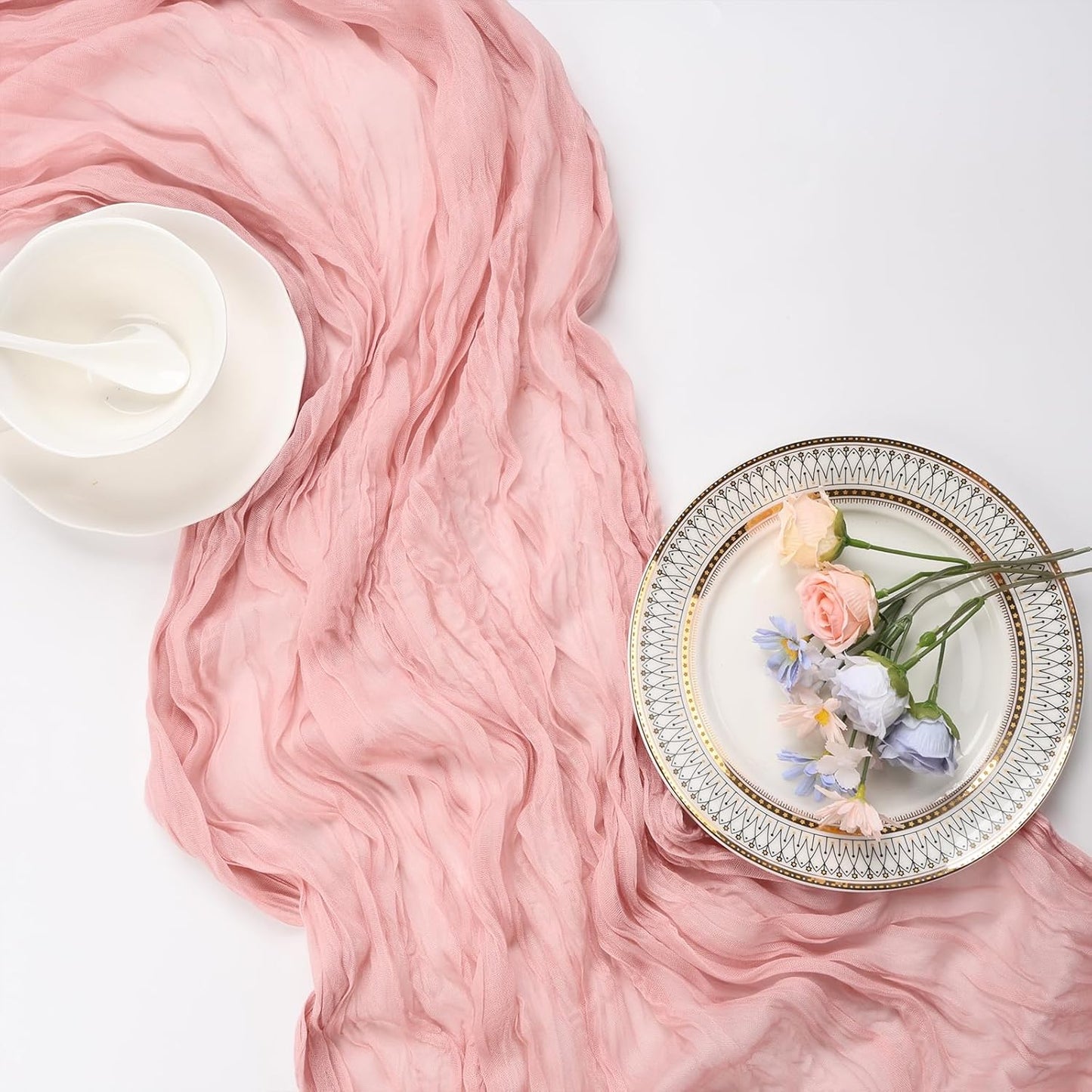 6 Pack Dusty Pink Cheesecloth Table Runner 10ft Boho Gauze Fabric Cheese Cloth Table Runner 35 x 120 Inch Rustic Sheer for Romantic Wedding Decor Baby Shower Party Table Centerpiece Decoration