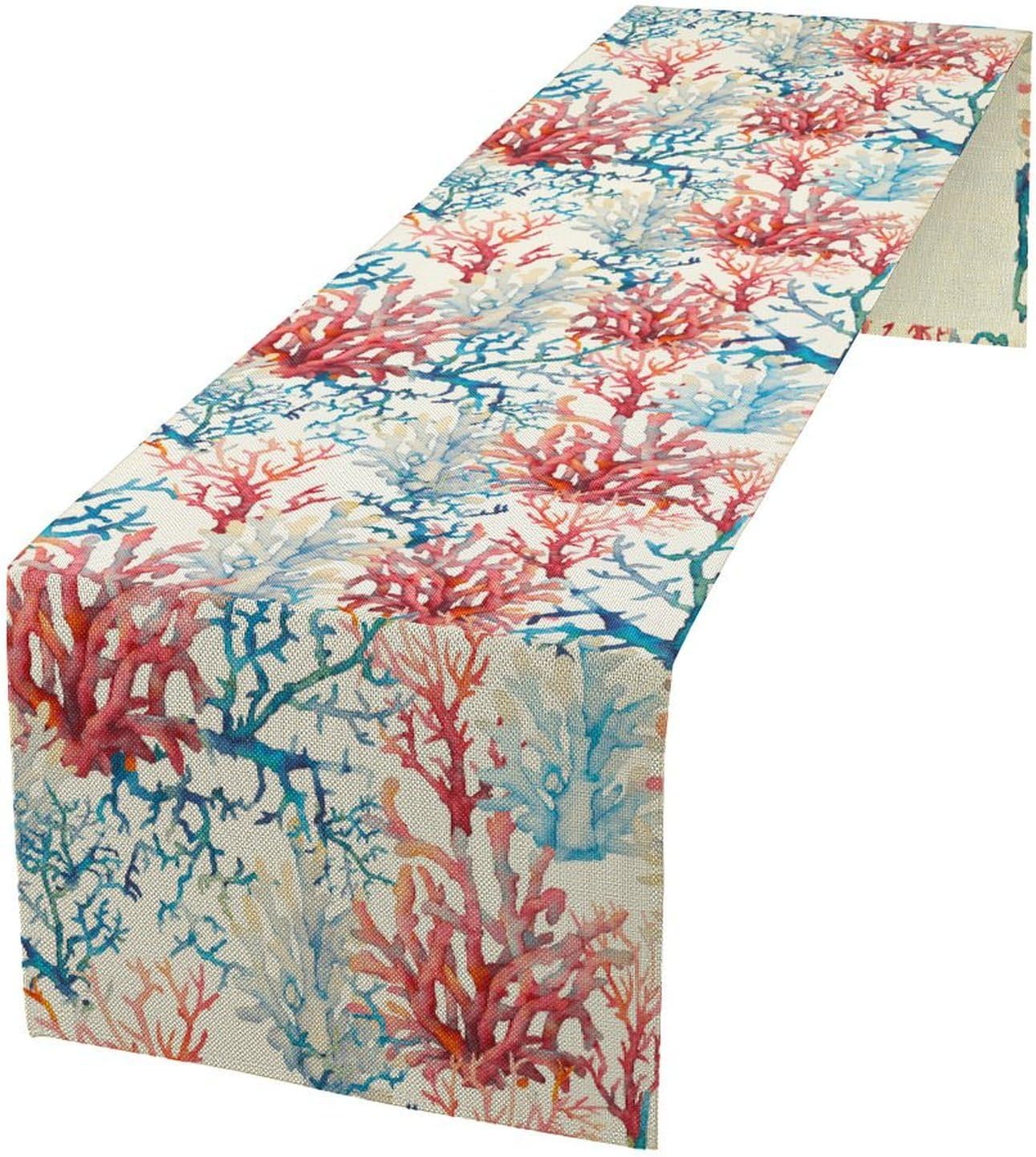 Blue Beach Table Runner, Tropical Ocean Coast Table Runner, Seashell Seasonal Nautical Restaurant Coffee Table Decorations for Home Holiday Party Indoor Outdoor 13x60 Inch