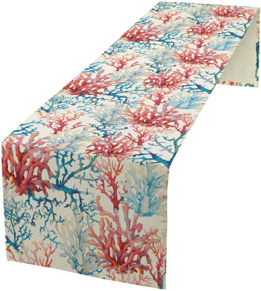 Blue Beach Table Runner, Tropical Ocean Coast Table Runner, Seashell Seasonal Nautical Restaurant Coffee Table Decorations for Home Holiday Party Indoor Outdoor 13x90 Inch