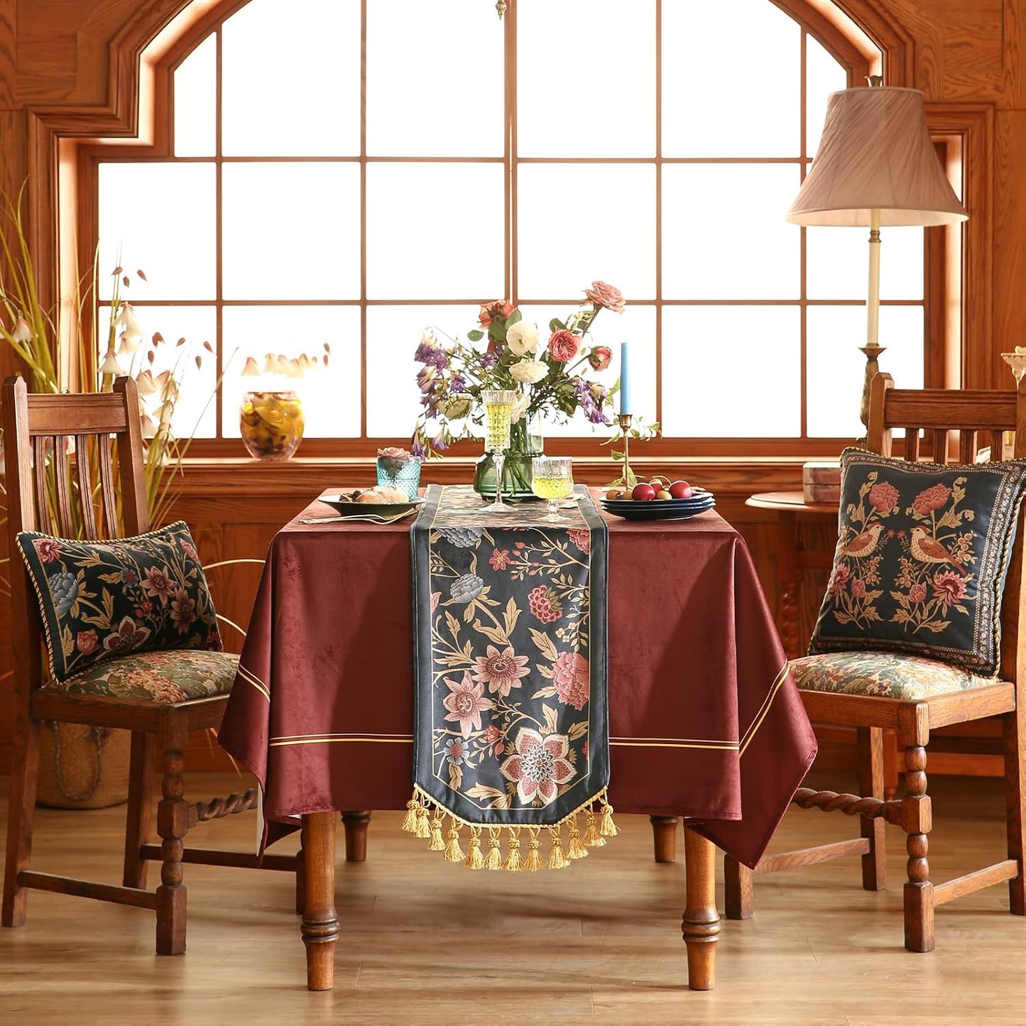 patdrea Designer Vintage Black Floral Velvet Table Runner 102 Inch Long, Pink Khaki Bouquets Pattern Table Mat, Decoration for Kitchen Dining Coffee Table Cabinet Banquet Thanksgiving,12"*102"