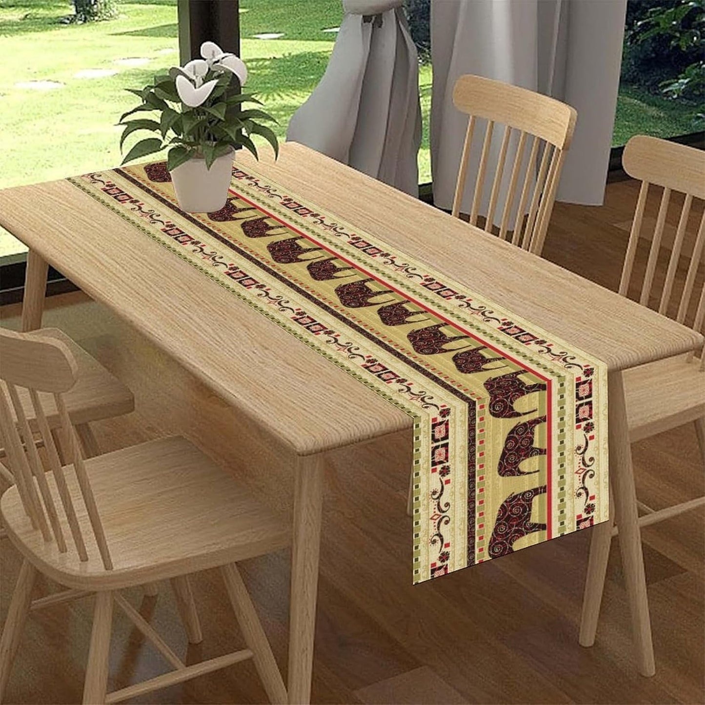 Boho Elephant Table Runner, Vintage Tribal Traditional Bohemian African Animals Ethnic Folk Table Center Decor for Home Kitchen Dining Patio Holiday Party Indoor Table Decorations, 13"x90" Inch