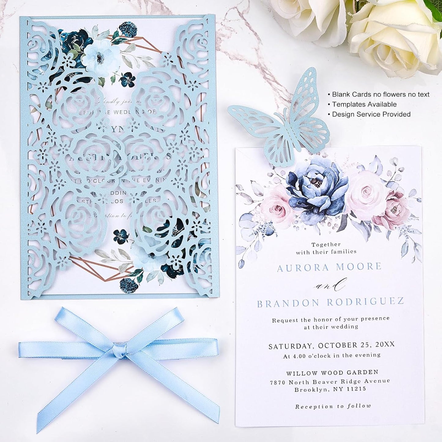 50 Set Light Blue Wedding Invitations Butterfly Laser Cut Invitations Pocket with Blank Inner Cards Rsvp Envelopes Stickers - Personalized Party Invites for Baby Bridal Shower QuinceañEa