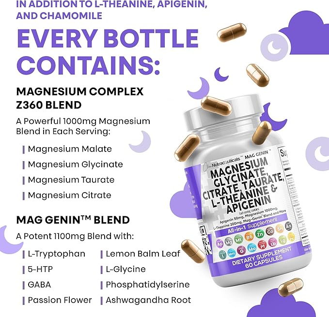 Clean Nutraceuticals Magnesium Glycinate Complex 1000mg with L-Theanine 200mg Apigenin 50mg Citrate Taurate Supplement - 5-HTP GABA Passion Flower Lemon Balm L-Glycine Phosphatidylserine - 60 Count